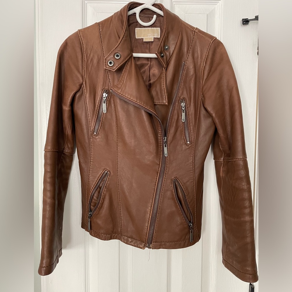 Michael Kors Cognac Leather Asymmetrical Moto Jacket